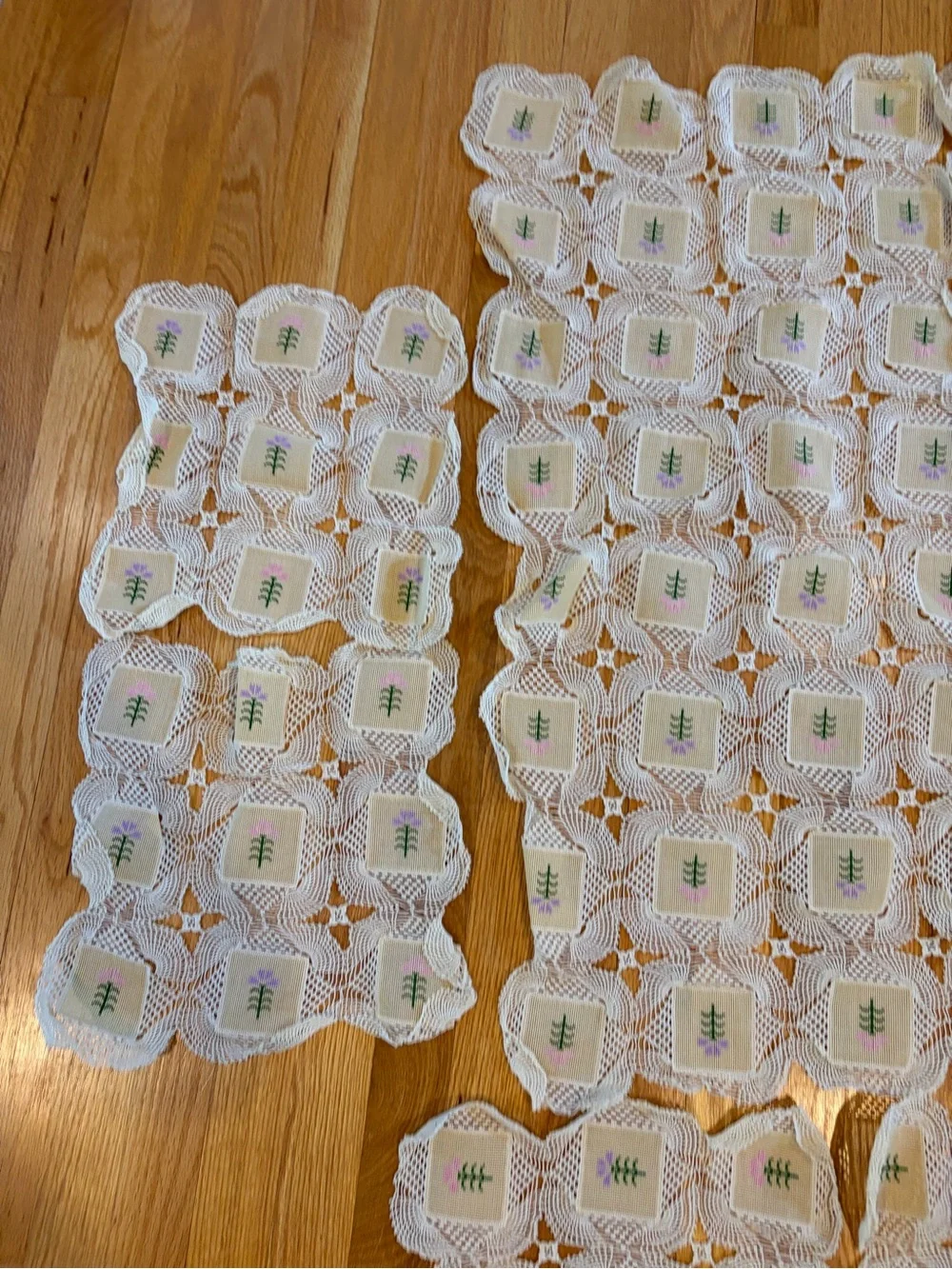 Crocheted Lace Doily Panels with  Embroidery, table runner, placemats